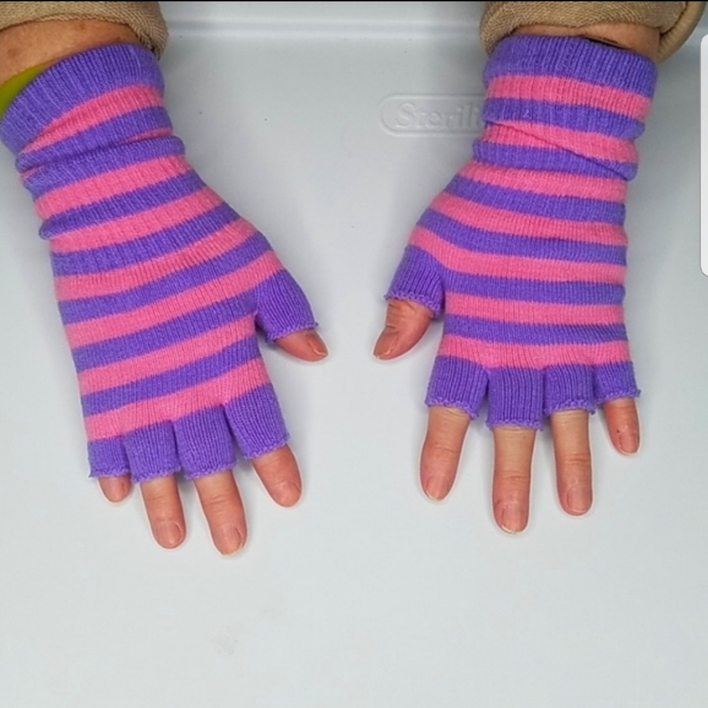 Fingerless gloves womens stripe text typing Halloween purple pink pastel Witch